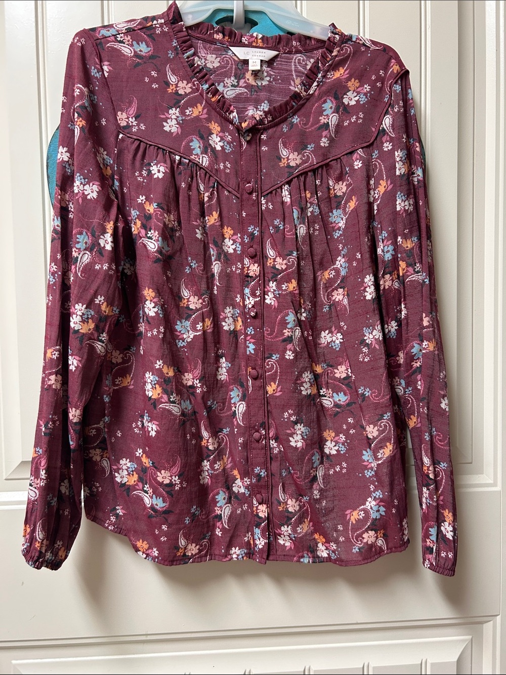 LC Lauren Conrad Burgundy Floral Button-Down Blouse